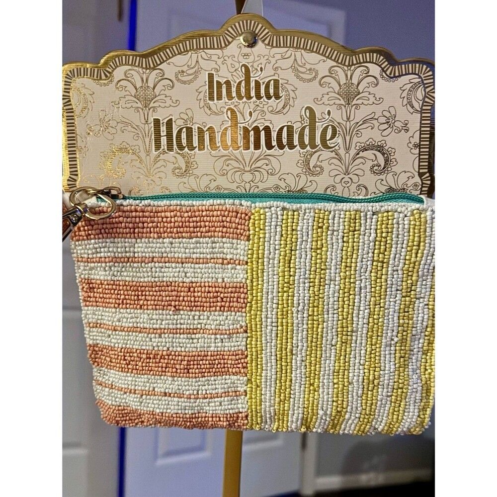 NWT India Handmade Beaded Striped Wristlet Pouch